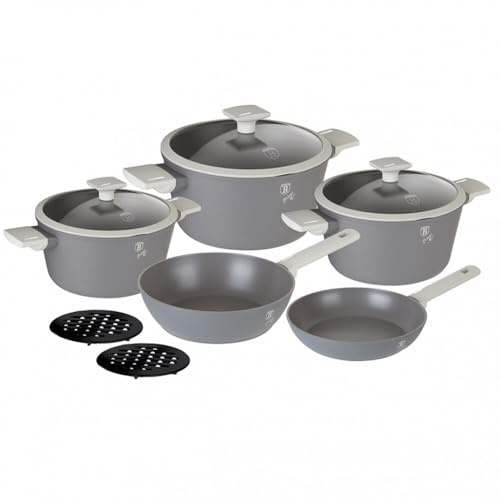 Berlinger Haus Nonstick Cookware Sets, Non Stick Pots and Pans Set, Cooking Sets, Non Stick Cookware, Suitable for All Stoves, Dishwasher Safe (Grey, 10 Pieces)