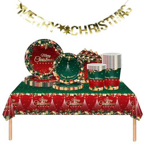 70PCS Christmas Tableware Set, Red & Green Disposable Plates, Napkins, Cups, Tablecloth & Merry Christmas Banner - Xmas Party Dinnerware & Decorations