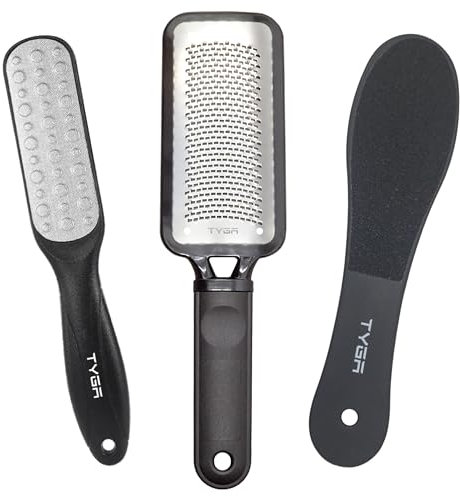 TYGA Foot Rasp Filer, Double Sided File & Scrubber Set - Callus Remover for Dead Skin Removal, Cracked Hard Skin, Coarse, Fine Scraper, Wet, Dry Spa Care, Surgical Stainless Steel, Nickel (3 Pack)