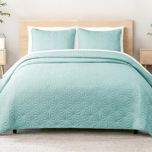 Whale Flotilla Couvre-Lit 260x280 cm avec 2 Taies d'oreiller | Dessus de Lit Matelassé, Doux, Léger, avec Motif Géométrique, pour 4 saisons, Vert