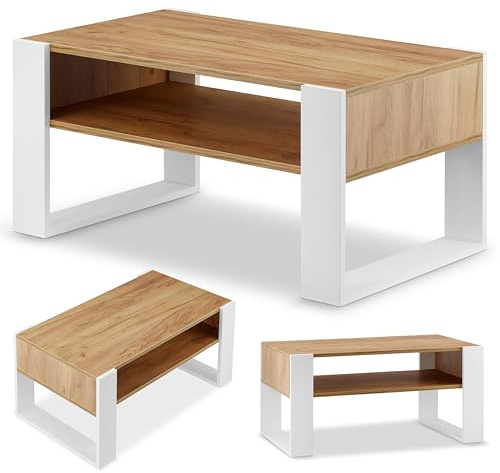 defiPad Tavolino grande con spazio di archiviazione, moderno tavolo da soggiorno in rovere | 92 cm di larghezza | tavolino da caffè massiccio e stabile | tavolino da caffè (Bianco + Rovere)
