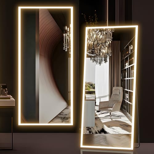 NEUWEABY Full Length Mirror with Lights, 165 x 60 cm Full Body Mirror with Light, Lighted Floor Mirror, LED Full Length Wall Mounted Dimming & 3 Color Lighting for Bedroom, White