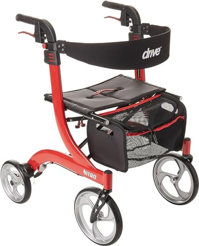 Nitro Rollator Lightweight Folding 4 Wheel Walking Frame Mobility Aid - Choice of Size and Colour (Red, Medium)