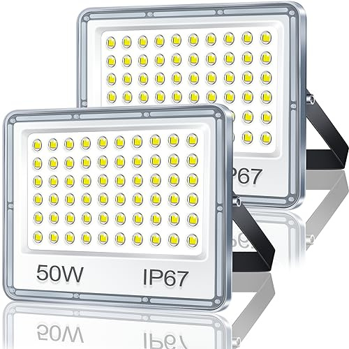TASINUO Projecteur LED Extérieur 50W 2 Pièce, 5000LM Spot LED Exterieur | 6500K Blanc Froid Brillant Projecteur Exterieur, IP67 Étanche Lampe LED Exterieur Pour Terrasse, Jardin, Stade, Usine, Garage