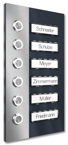 Graviers Design Timbre de vivienda con pulsador LED 6 placas de nombre - V2A acero inoxidable 140x255 mm Pintura en polvo RAL 7016 - montaje empotrado seleccionable en superficie