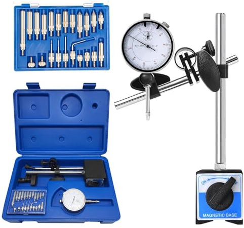 Visningsindikator med magnetisk bas och punktprecisionsinspektionsset, urtavla testindikator lång arm 0–2,5 cm professionell mätare 0 cm, magnetisk urtavla indikatorbashållare med finjustering (blå)