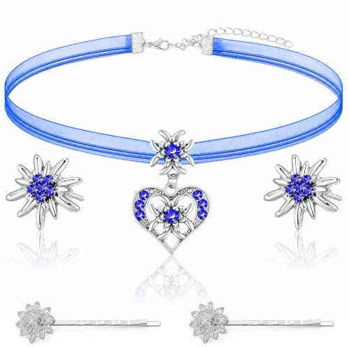 5er Trachtenschmuck Set,Trachtenkette mit Strass Edelweiß Herz Anhänger,Bayerisch Dirndlschmuck Trachtenkette mit Strass Edelweiß Herz Anhänger,Trachten Edelweiß Haarklammern,und Edelweiß Ohrstecker