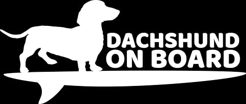 Dachshund on Board Fun Waterproof Sticker - Long Lasting - Car Decal, Caravans, Trucks, Van, Campervan, Fun Gift (White)