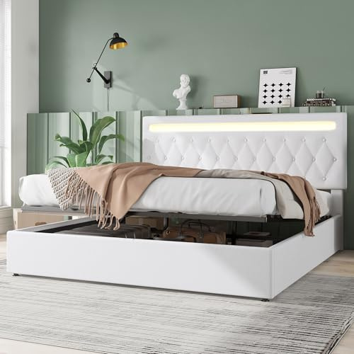 KUAKE Letto contenitore matrimoniale con presa USB & tipo C, letto matrimoniale 180 x 200 cm con luce d'atmosfera sul letto, letto idraulico con base a doghe