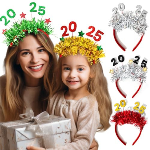 VOPIWOZ 5 Stück 2025 Neujahrs Haarschmuck, Silber Rot Grün Gold Schwarz Weihnachts Haarreif, Deko Silvester 2025, Glitzernde Weihnachts Haarschmuck für Weihnachtsdeko, Neujahrsdeko