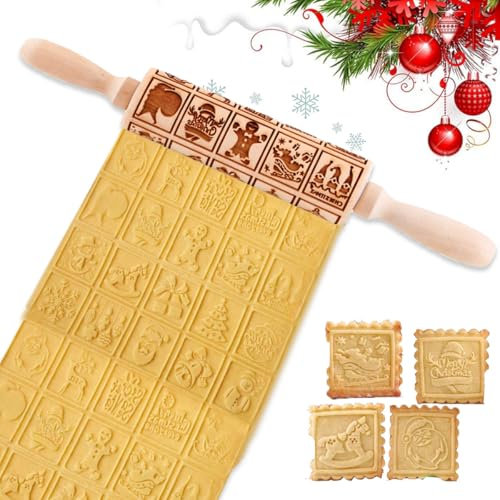 Mattarello di Natale, Mattarello In Legno 3D, Goffratura Mattarello, Mattarello Decorativo per Biscotti, Mattarello di Natale in Rilievo per Cuocere Biscotti Impasto in Rilievo