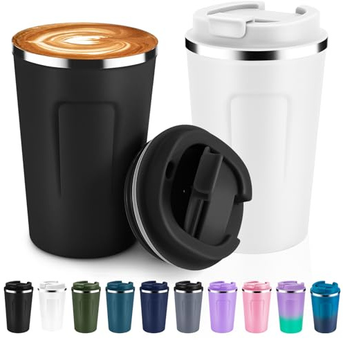 Volhoply 340ml 12oz Double Wall Insulated Vacuum Travel Coffee Mugs with Flip Lid Bulk 2 Pack,Reusable Stainless Steel Leak Proof Coffee Cup,Thermal Tumbler for Cold & Hot Drinks(Assorted,2 Set)