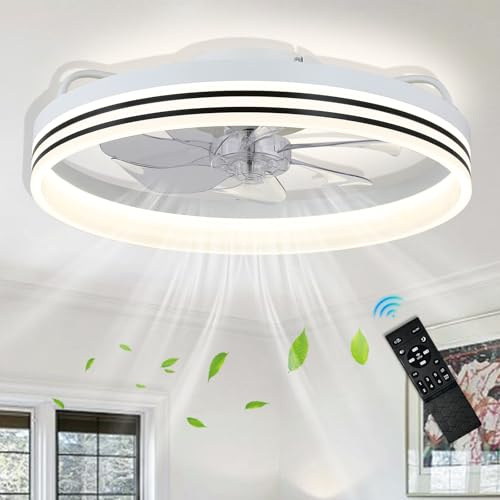 LED Flush Mount Ceiling Fans with Lights, Dimmable Chandelier Ceiling Fan 6 Speeds Modern Bedroom Low Profile Fandelier Ceiling Fan for Living Room Kitchen (White)