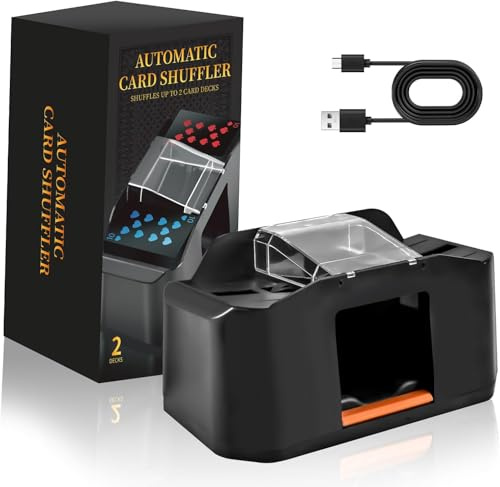 QUICARD Automatischer Kartenmischer – Leise & Mit 2000 mAh Akku – Mischt 2 Kartensätze – Kompatibel mit Poker, Bridge, Rommé, Skat (Schwarz-orange)