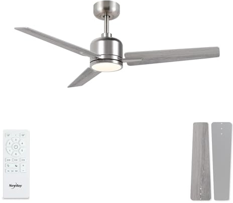 Newday Deckenventilatoren Nickel Gebürstet, 107cm Deckenventilator Silber mit Beleuchtung Dimmbar und Fernbedienung Leise, Ventilator Decke Reversibel mit 3 Flügel 3 Timer für Schlafzimmer Wohnzimmer