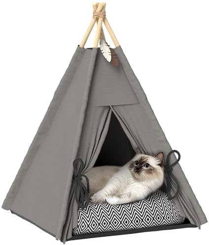 PawHut Tipi Zelt für Haustiere, Katzenzelt mit abnehmbar und waschbar Kissen, Katzenhaus mit rutschfestem Boden, Spielball, für Katzen unter 5kg, Mini Hunde, 60 x 60 x 76 cm, Grau
