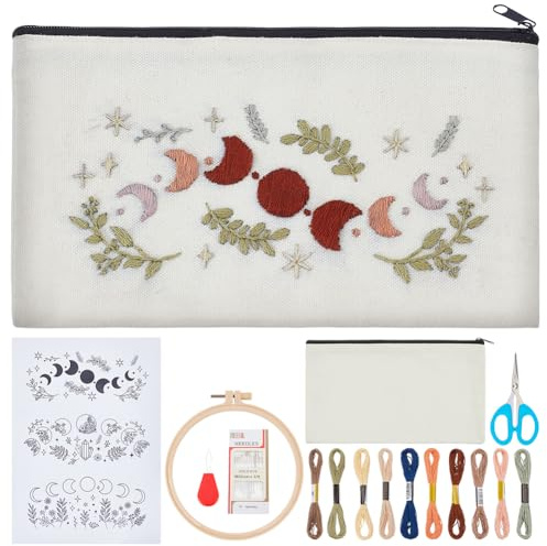 WEBEEDY 3 Set DIY Stickerei Reißverschlusstaschen Kit Mit Stickerei Mondmuster Stickrahmen Farbige Fäden Und Werkzeuge Für Anfänger Handgemachte Stickerei Tasche Für Erwachsene