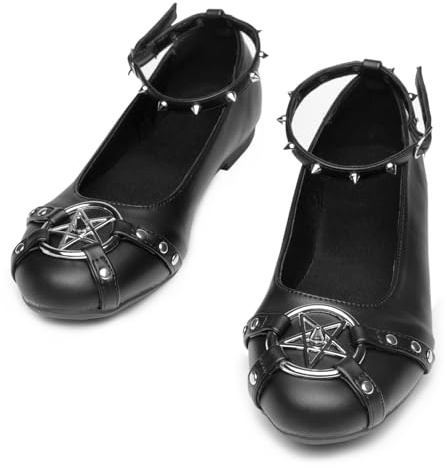Gothniero Flache Damen-Ballerinas mit Metallnieten und verstellbarem Riemen, elegant, bequem, niedlich, Gothic-Schuhe für Damen, elegante flache Schuhe, zum Reinschlüpfen, runde Zehenpartie