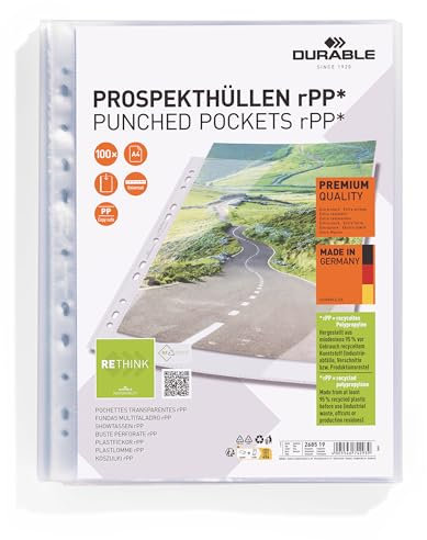 Durable Prospekthüllen A4 in Premiumqualität, aus recyceltem PP, Klarsichthüllen 100 Stück im Beutel, oben offen, 268519