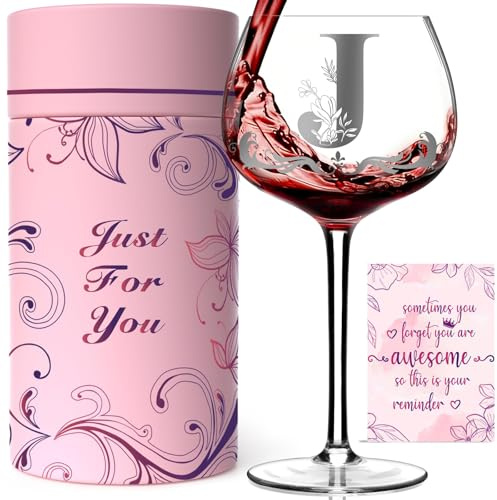 Mothers Day Gifts for Mom, Grandma, Wife - Personalized Initial A-Z Wine Glass Gifs for Women - Unique Birthday Gift for Her, Sister, Best Friend - 16oz Elegant Custom Monogram Glass (Letter J)