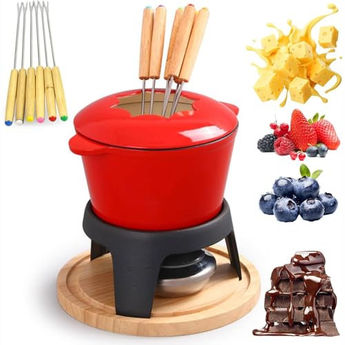 Chocolate Fondue Set with Melting Pot and 6 Forks, Non-Stick Coating, Wooden Palette, Fondue Burner - Perfect for Marshmallow Toasting, Crackers, Kids Parties