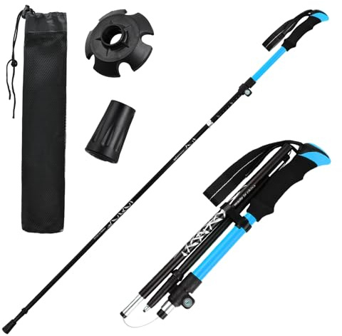 2 Piezas Palos Senderismo, Bastones de Senderismo Plegables, Bastón de Trekking Telescópicos, Bastones Marcha Nordica de Aluminio y EVA Mango para Senderismo Alpinismo Trail, 113-138cm (Azul)