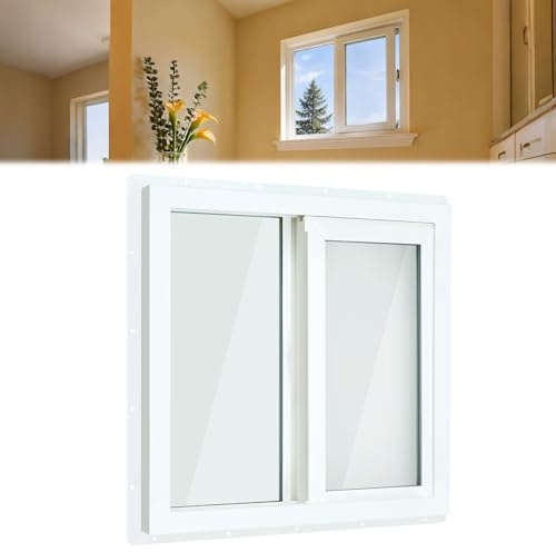 CroBlissful 23.5'' x 23.5'' Small Basement Slider Window White Vinyl Bathroom Shed Windows with Transparent Glass and Double Frosted Glazing Screen for Cabins House Garage Barns