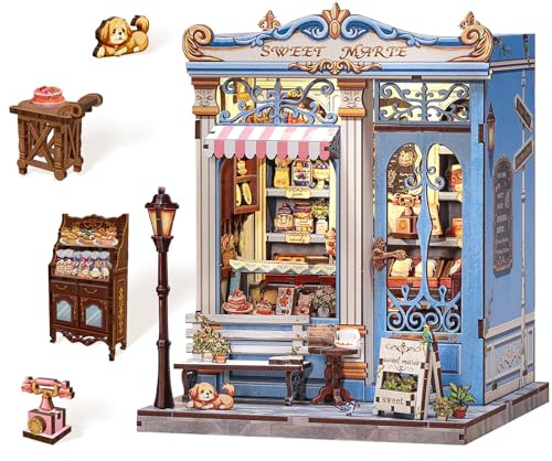 kit Book Nook – Französische Miniatur-Bäckerei Puzzle 3D(Sweet marrie) | Miniatur-Bausatz einer blauen Patisserie – 242 Teile, warmes LED-Licht, Staubschutz. Ein dekorativer Book Nook fürs Regal