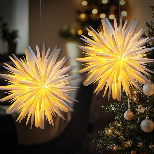 EANLOLY 2er Set 45cm Weihnachtsstern Beleuchtet, Papiersterne Weihnachten, 3D Stern Fensterdeko, Weihnachtsdeko Innen Zum Aufhängen, mit Timer LED Lichterkette Beleuchtung