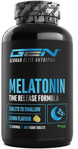GEN GERMAN ELITE NUTRITION Melatonina Time Release – 365 compresse | Da Succhiare al Gusto Limone – Rilascio ritardato grazie a Sepismart® SR – 0,5 mg per porzione – Vegano - Altamente puro