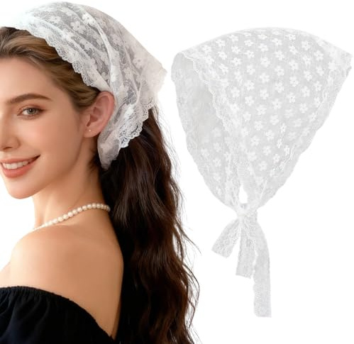 Weißes Blumen Spitzen Haar Bandana Kopftuch Haartuch Damen Zum Binden Seidentuch Elegantes Haare Bandanas Süße Dreieckstuch Mädchen Kopfbedeckung Damen Blumenkopf Kopftücher Haartücher Haaraccessoires