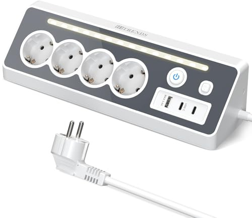4-vägs hörngrenuttag med 3 USB, bordsuttag med USB C, överspänningsskydd skrivbord grenuttag med ljus, väggmontering för hörn, skrivbord, kök, kontor, 2 m kabel – vit