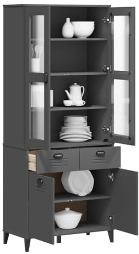 hohmlaat Charcoal Grey Highboard, Solid Pine Wood Storage Unit with Tempered Glass Doors, 74.8 Inch Tall Display Cabinet for Living Room