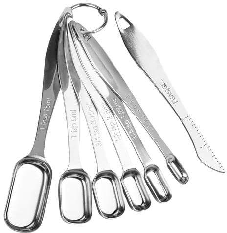 Chef Juego de 7 Cucharas Medidoras de Acero Inoxidable 18/8, Cuchara Medidora para Secos o Líquidos Repostería con Marcas Láser en Sistema Métrico Decimal Cuadradas con Nivelador, para Hornear, Café