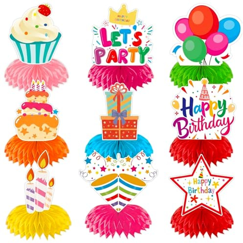Tischdeko Geburtstag, 9-teilige 3D Waben Tischaufsätze, Happy Birthday Deko aus robustem Karton, Wiederverwendbare Geburtstagsdeko für Party und Festlichkeiten