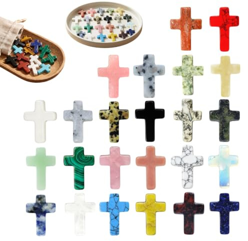 YMTWSRY 24 Stück Kreuz Edelstein, Handschmeichler Kreuze Heilende Kristall Kruzifix für Andachtsgebete Taufe Kommunion Geschenke Tischdeko