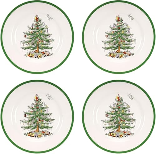 Spode Middagstallrikar, set med 4 mattallrikar med juldesign, 26,7 cm, julservis av fint lergods, diskmaskins- och mikrovågsugnssäker