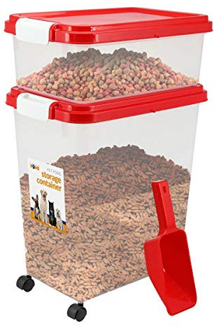 3 Piece Pet Food Airtight Storage Container With Plastic Measuring Scoop Treats And Dry Food Storage and Dispenser For Dogs Cats and Various Small Pets (Red)