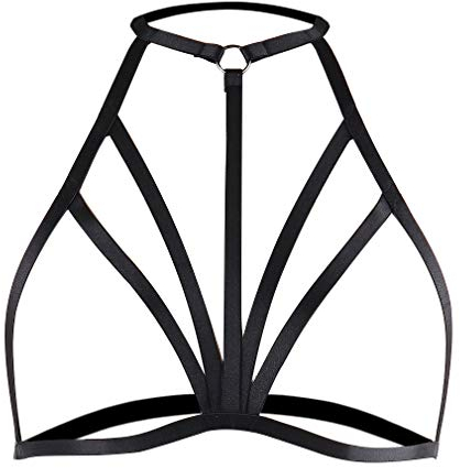 PETMHS Frauen Körper Brustgeschirr BH Elastischer Cupless BH Aushöhlen Riemchen Crop Tops Punk Gothic EDC Rave Gürtel… (Schwarz)