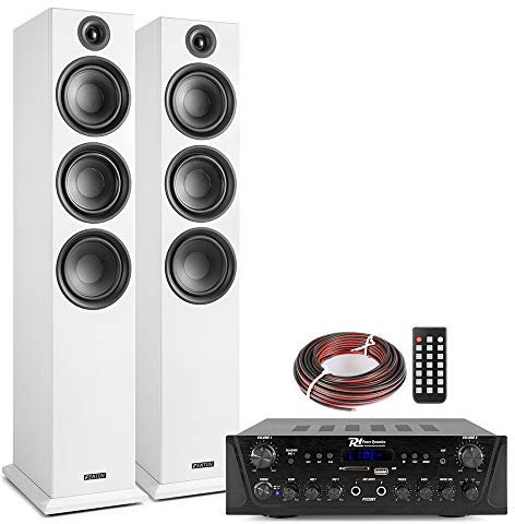Fenton SHF80W Tower Speakers Home Hi-Fi Stereo Audio System with PV220BT Bluetooth Amplifier, 3-Way 6.5 Woofers, FM Radio & USB Playback, White Finish (Pair)