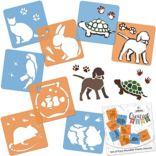 NAKLEO Painting Stencils for Kids, 8 Pcs Set 6x6” Pets, Children Creative Drawing Templates Plastic and Reusable, DIY Decoration Arts and Crafts, Paper Wall Wood Fabric