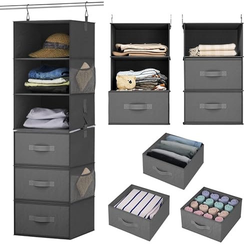 ZAMINN Organizador de Armario Colgante 6 Estantes Plegables en 2 Módulos de 3 con 2 Bolsillos Laterales y Baldas de Tela Reforzadas Ahorra Espacio y Mantén la Ropa Doblada sin Arrugas