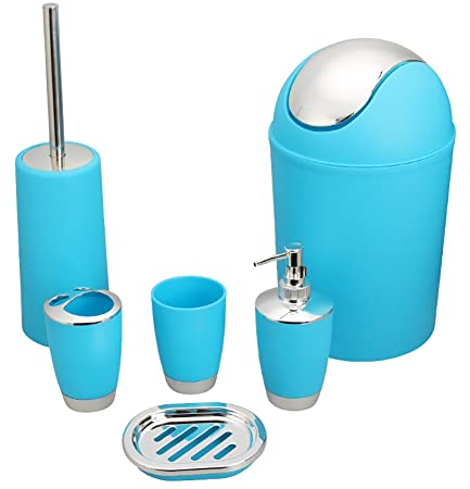 Worparsen Lot de 6 accessoires de salle de bain - Bouteille de lotion, brosse à dents, bain de bouche, gobelet, poubelle, porte-savon, brosse WC - Bleu