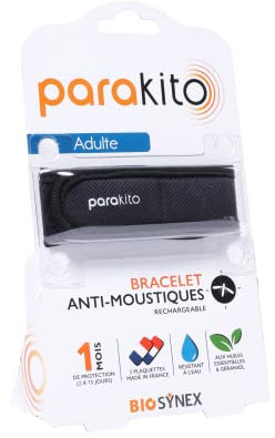 BIOSYNEX - Parakito - Rechargeable Mosquito Repellent Bracelet - 2 Refills Included - 30 Days of Use - Deet Free - Colour: Black - Adult Size