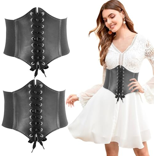 Korsett Gürtel Damen Breit Taillengürtel Schnürgürtel PU Leder 2 Stück