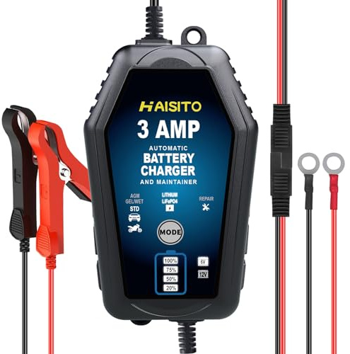 Haisito 3A Auto-Batterie-Ladegerät, 6V und 12V intelligentes vollautomatisches Batterieladegerät für Auto-, Motorrad-, Marine-Lithium-Blei-Säure- und Lithium-Eisen-Phosphat-Batterien