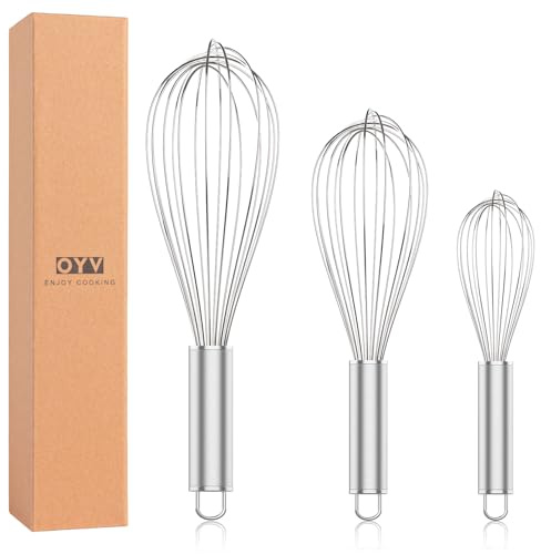 OYV 304 Stainless Steel Whisk Set, Dishwasher Safe Rustproof Metal Whisk, Professional Balloon Wire Whisks for Kitchen Cooking, Perfect For Blending, Whisking, Baking, Beating, 3 Packs (8 10 12)