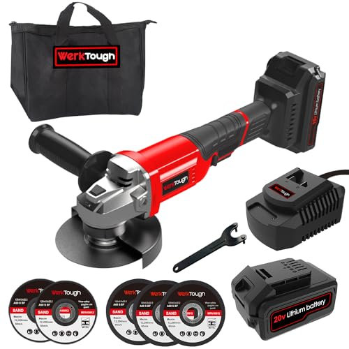 WerkTough 20V Cordless Angle Grinder Kit 4-1/2 Inch with 4.0Ah Lithium-Ion Battery & Fast Charger High Speed 8000rpm Easy Handle with 3pcs Cutting Disc and 2pcs Grinding Disc in Tool Bag A005 Red …