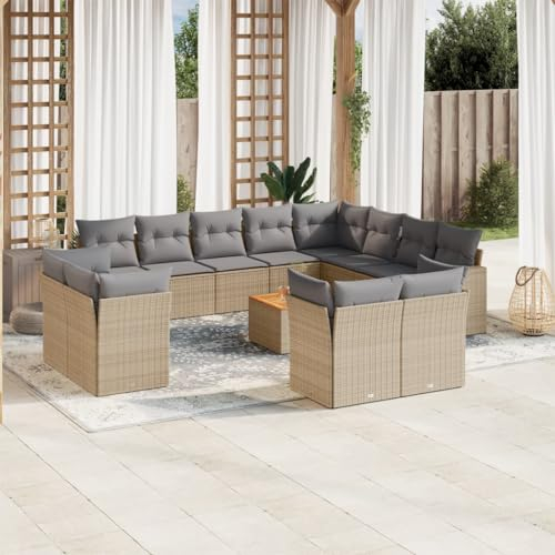 Rantry 13-TLG. Gartenmöbel Set mit Kissen Gartensofa Balkonsofa Gartenlounge Loungesofa Sitzgruppe mit Gartentisch Ecksofa Ecklounge Balkonmöbel Loungemöbel Beige Poly Rattan