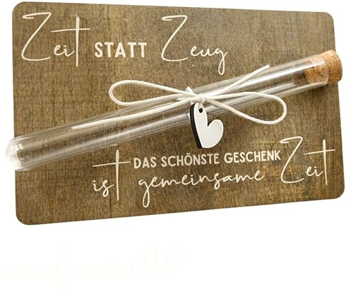 Zeit statt Zeug – Gutschein Geschenk mit Reagenzglas | Holzkarte als Geldgeschenk Verpackung für gemeinsame Zeit | Erlebnisgeschenk für Partner & Paare | personalisierbares Etikett | 10x16 cm